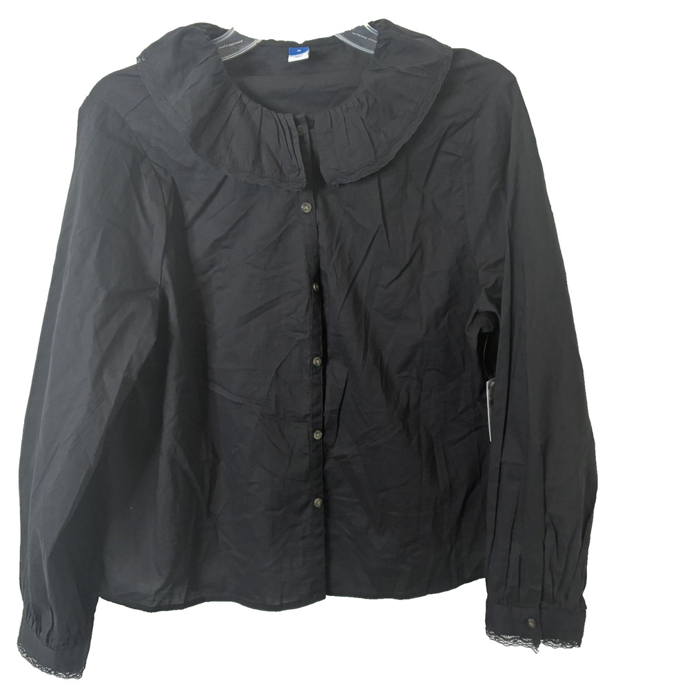 Old Navy NWT Women's Black Long Sleeve Ruffle Collar Button-Up Blouse Medium